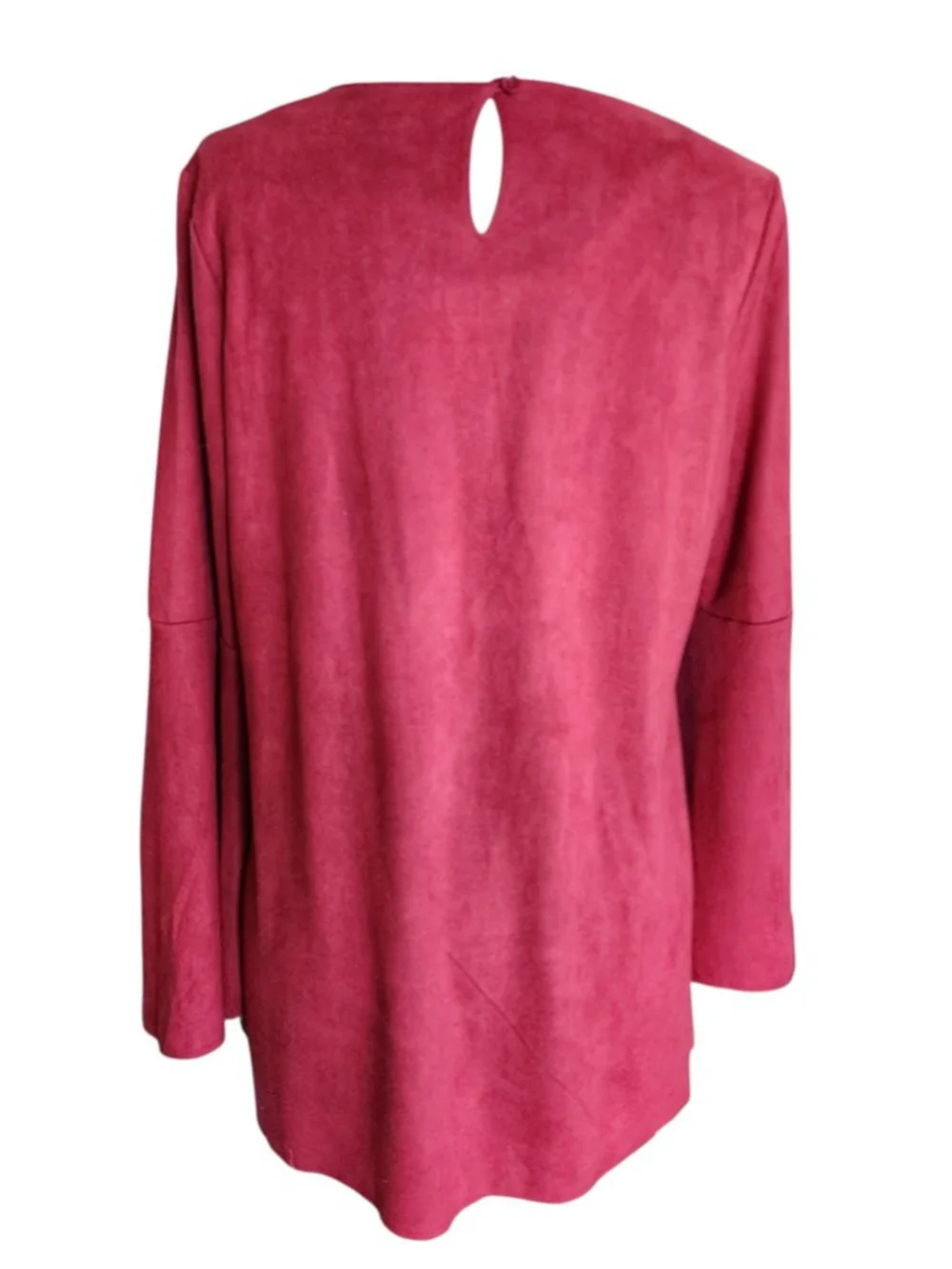 Joh Womens Burgundy Faux Suede Bell Sleeve Tunic Top M Keyhole Crisscross Blouse